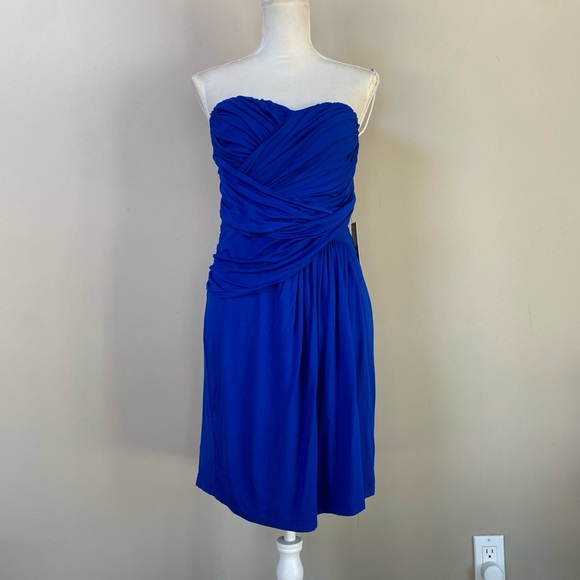 NWT Express draped ruched Y2K convertible strapless colbalt blue mini dress Sz L - Picture 2 of 14